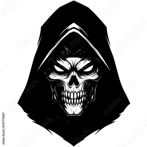 A terrifying and menacing skull wearing a dark hooded cloak with glowing white eyes representing death and the underworld