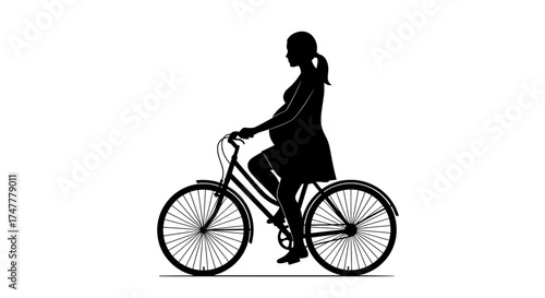 Silhouette of a pregnant woman riding a bicycle on a white background representing healthy lifestyle and motherhood