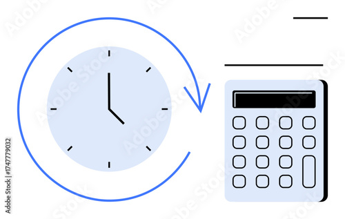 Clock with circular arrow denotes time, paired with a calculator for efficiency, forecasting, and budgeting. Ideal for productivity, scheduling, analysis, finance, management optimization simple