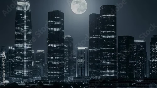 The full moon on the Mid-Autumn Festival, the city's business CBD, yearning, homesickness, loneliness, surreal