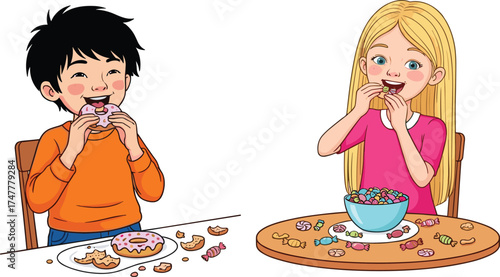 Children eating snacks cartoon, donut and cookie illustration, colorful treats artwork, cheerful kids, festive food scene, playful table setting