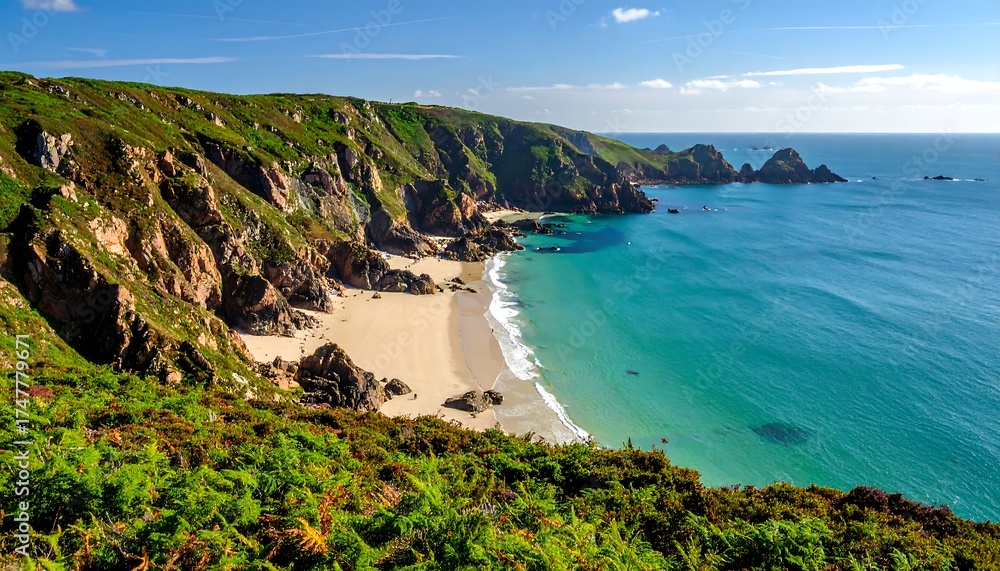 Obraz premium Vivid coastal scene with sandy beach, cliffs, and turquoise waters