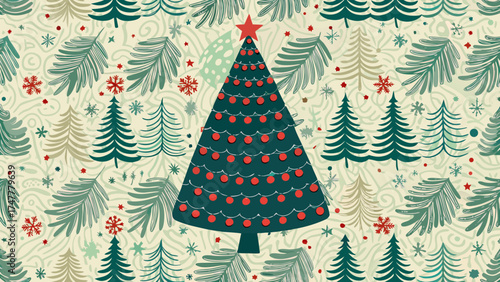 Vector art of seamless pattern with christmas tree, star and leaf on light beige background