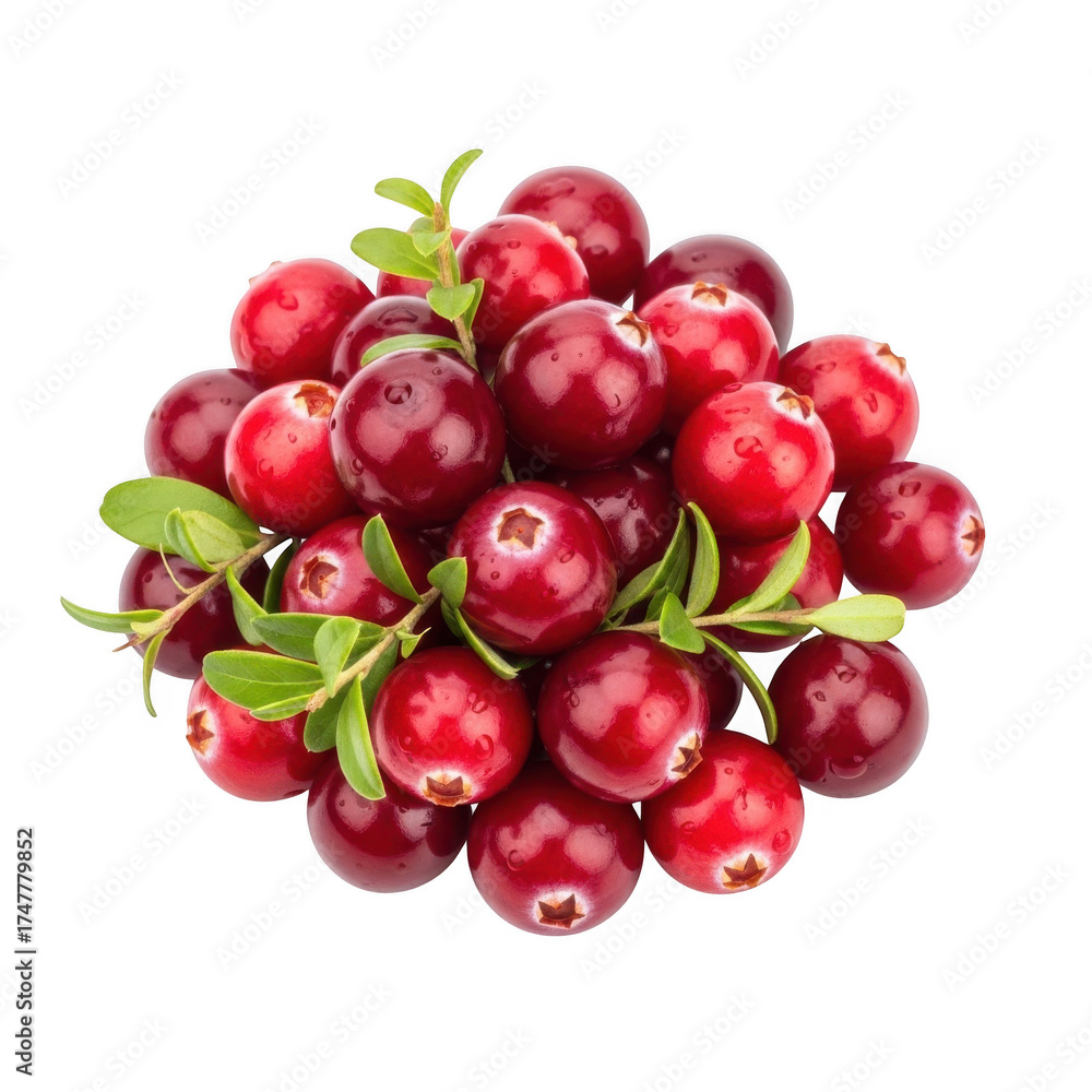 Obraz premium Pile of fresh red cranberries with green leaves still attached, perfect for holiday recipes and decorations, isolated on transparent background