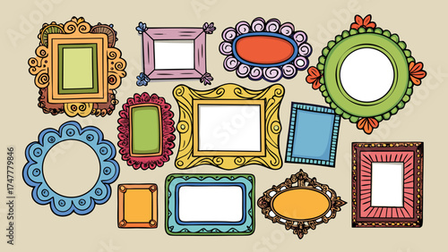 Vector art of collection of colorful hand drawn picture frames with different shapes and sizes