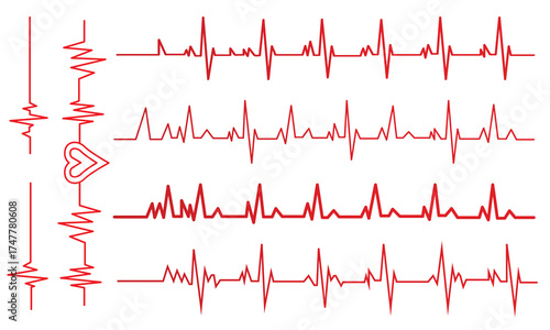 Red heartbeat line collection with heart symbol, cardiology, medical pulse, ECG, EKG design, healthcare clipart vector illustration, health monitoring, digital heartbeat. Stock-Vector illustration