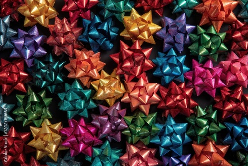 Colorful star-shaped gift bows densely packed on black background