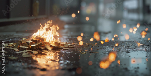 Intense close-up of a burning gold ingot pile in a deserted, rain-slicked neo-noir alley. High-contrast, desaturated crime scene with deep shadows, bright fire reflections, and mysterious suspense.