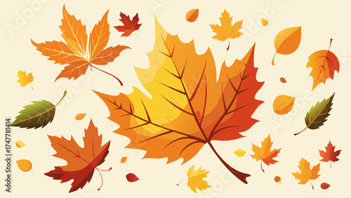 Vector art of autumn leaves falling, colorful foliage in warm shades on light background