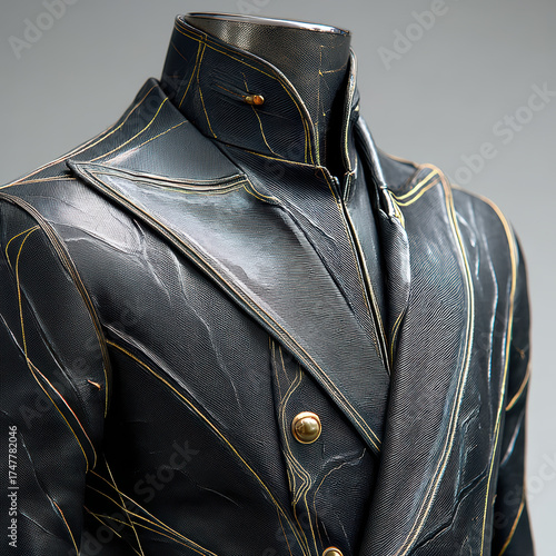 Hyper-realistic animation modern black suit with subtle platinum thread juggernaut style