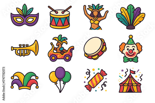 Colorful carnival icons: musical instruments, costumes, clown, and tent celebration