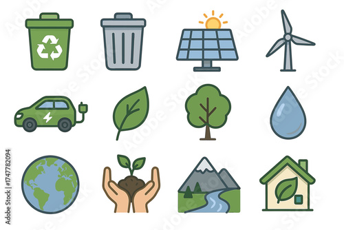 Eco-friendly icons set with solar panels, wind turbine, electric car, and recycling symbols