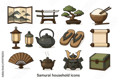 Samurai household icons: traditional japanese items and decor elements