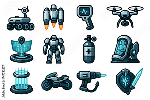 Futuristic technology icons set: robot, drone, spacesuit, jetpack, and more
