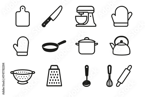 Kitchen utensil icons - cutting board, knife, mixer, oven mitts, cookware, and more