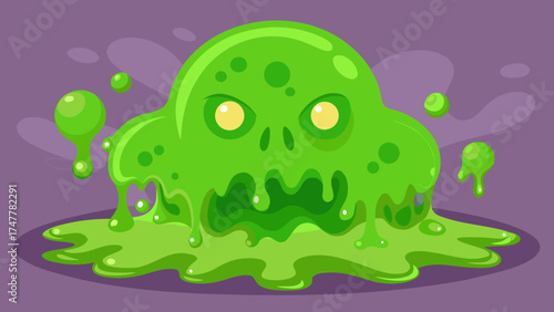 Vector art of cartoon green slime monster skull with drips on purple background