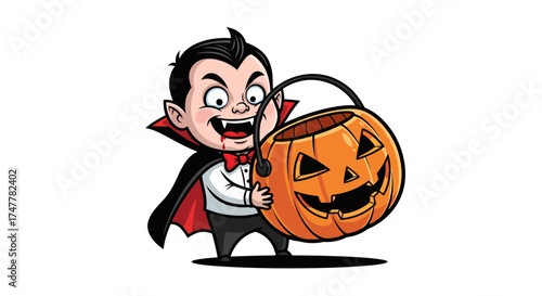 Cute cartoon vampire character holding a jack-o-lantern trick or treat bucket for Halloween