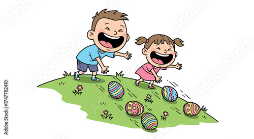 Joyful Children Hunting for Colorful Easter Eggs on a Grassy Hill