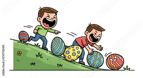 Joyful Children's Easter Egg Hunt on a Green Hill A Whimsical Illustration