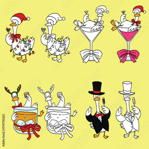Cartoon Goose cute character Christmas cocktail party illustration clipart