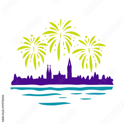 Cologne Skyline Fireworks Illustration classic Cologne Lights Kolner Lichter River reflection with fireworks as mirrored V shapes above