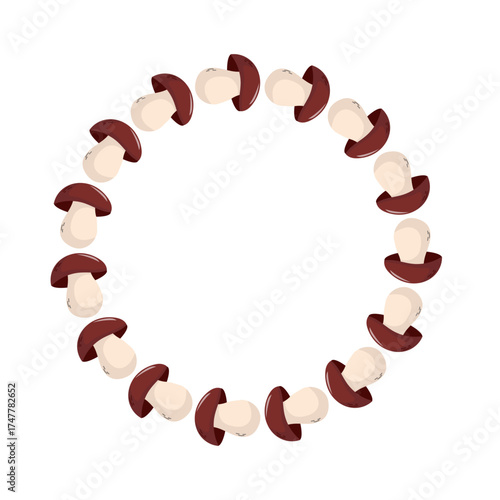 Mushroom Circle Frame Isolated on White Background. Round frame made of cartoon mushrooms forming a circle on white background, perfect for food design, nature templates, and organic themes.