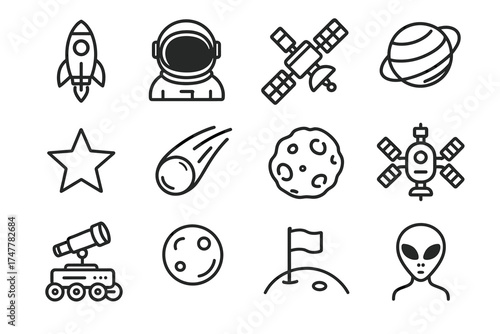 Space exploration icons: rocket, astronaut, satellite, planet, alien, more