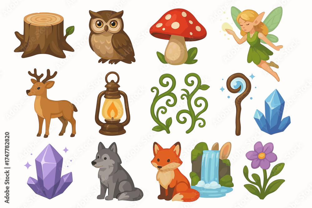 Fototapeta premium Magical woodland creatures and enchanting forest elements collection