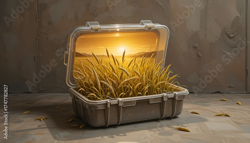 ai generator Image of an open food storage box containing golden wheat lying on the floor suitable for design work