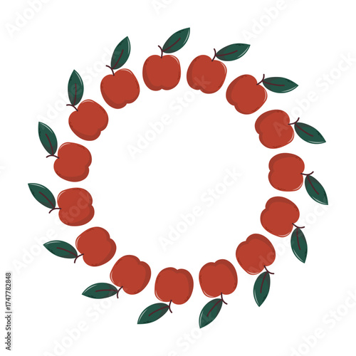 Apple Circle Frame Isolated on White Background. Round frame made of red apples with green leaves arranged in a circle on white background, ideal for food design and natural themes.