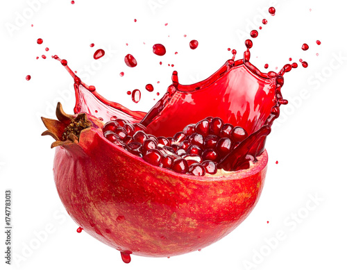 Pomegranate Splash with Flying Seeds and Juice Droplets, Dynamic Composition, Isolated