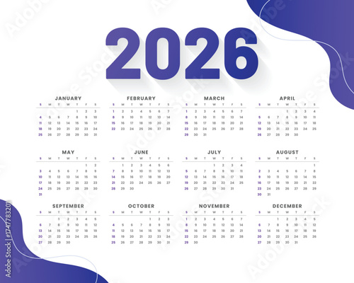 Modern and minimal 2026 calendar template with colorful wave design. Perfect for business, corporate, or personal use. Fully editable and printable layout