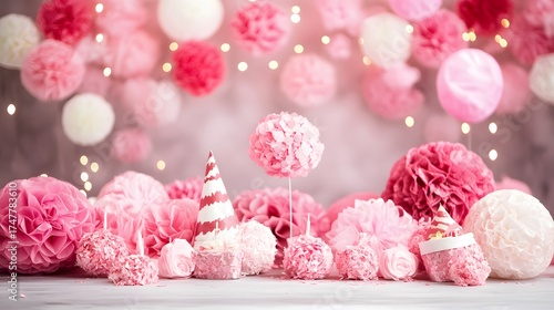 Festive pink party decoration with sweet treats and holiday theme