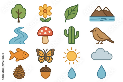 Colorful nature icons: tree, flower, leaf, mountains, stream, mushroom, cactus, bird, fish, butterfly, sun, cloud, pinecone, acorn, raindrops