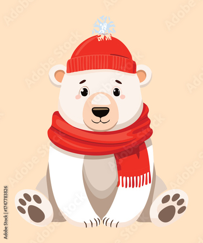 Fluffy Polar Bear Animal Standing Wearing a Cozy Red Winter Hat and Matching Scarf Illustration
