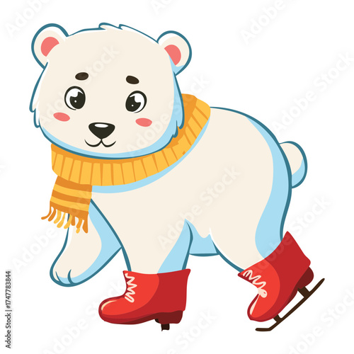 Happy Polar Bear Animal Squatting Down Wearing a Warm Yellow Scarf and Red Ice Skates or Boots