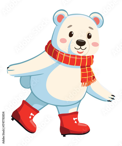 Stylish Polar Bear Animal Walking with a Bright Red Scarf and Matching Boots on White Snow