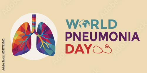 World Pneumonia Day banner. Colorful geometric vector illustration of human lungs. The design highlights global awareness of respiratory health and pneumonia prevention.