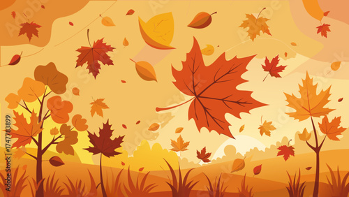 Vector art of autumn landscape with falling leaves and trees in warm colors, vector art