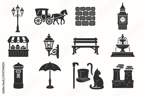 Vintage british icons: lamp post, carriage, big ben, and more silhouettes