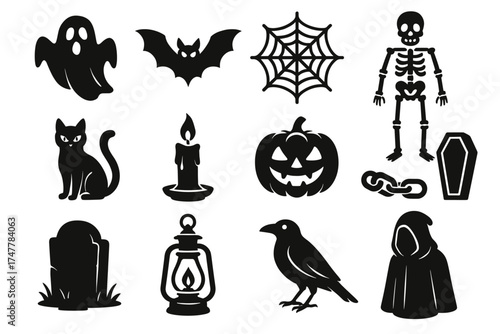 Halloween icons: ghost, bat, spider, skeleton, cat, candle, pumpkin, coffin, tombstone, lantern, crow, hooded figure
