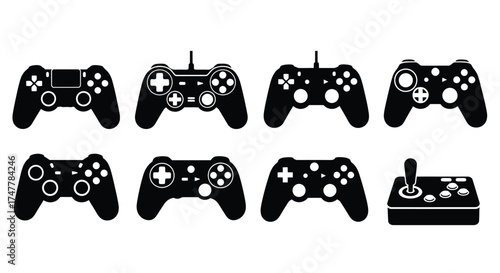 Collection of modern video game controllers and joystick silhouettes for digital entertainment gaming vector