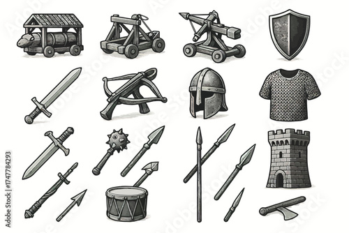 Medieval weapons and armor collection with trebuchets, swords, and helmets