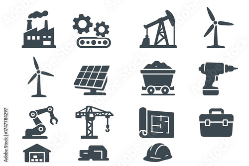 Industrial equipment icons featuring solar panels, wind turbines, and construction tools