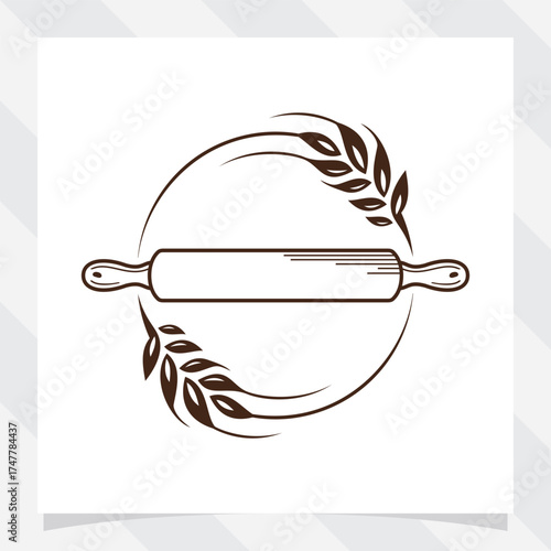 Wooden bread rolling pin with wheat vector illustration. suitable for logo design.