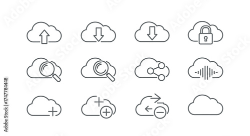 Cloud computing icons set data storage upload download security search sync network analytics and more vector