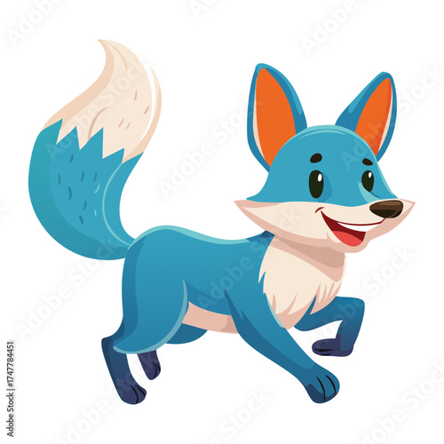 Dynamic Cartoon Blue Fox Running Happily with a Playful Expression and Fluffy Tail Vector Illustration of a Wild Canine
