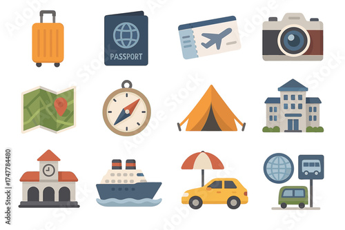 Travel essentials icons: luggage, passport, ticket, camera, and more