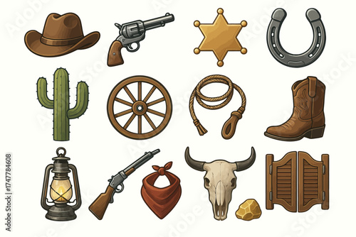Western icons: cowboy hat, revolver, sheriff badge, horseshoe, cactus, wagon wheel, rope, boot