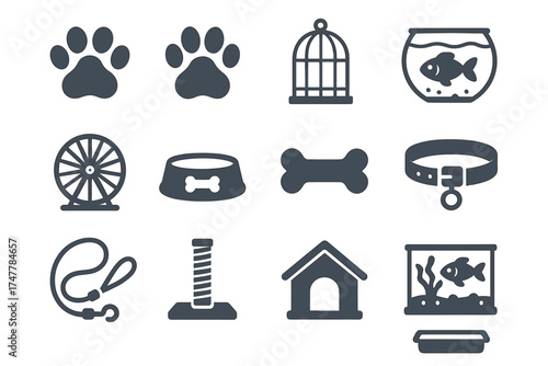 Pet care icons: paw, fishbowl, cage, wheel, bowl, bone, collar, leash, scratcher, house